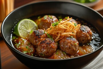Meatball soup, lime, garnish, wooden table, restaurant food