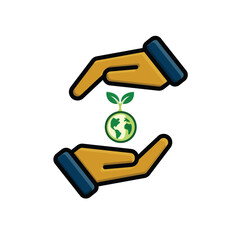 sustainable icon. earth and plant vector in hand. reuse, recycle, net zero, green energy, eco-friendly concept. Flat color design style