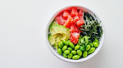 A fresh and colorful poke bowl with tuna, edamame, avocado
