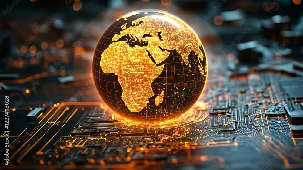 Poster digital globe overlaying a circuit board in a futuristic setting at night
