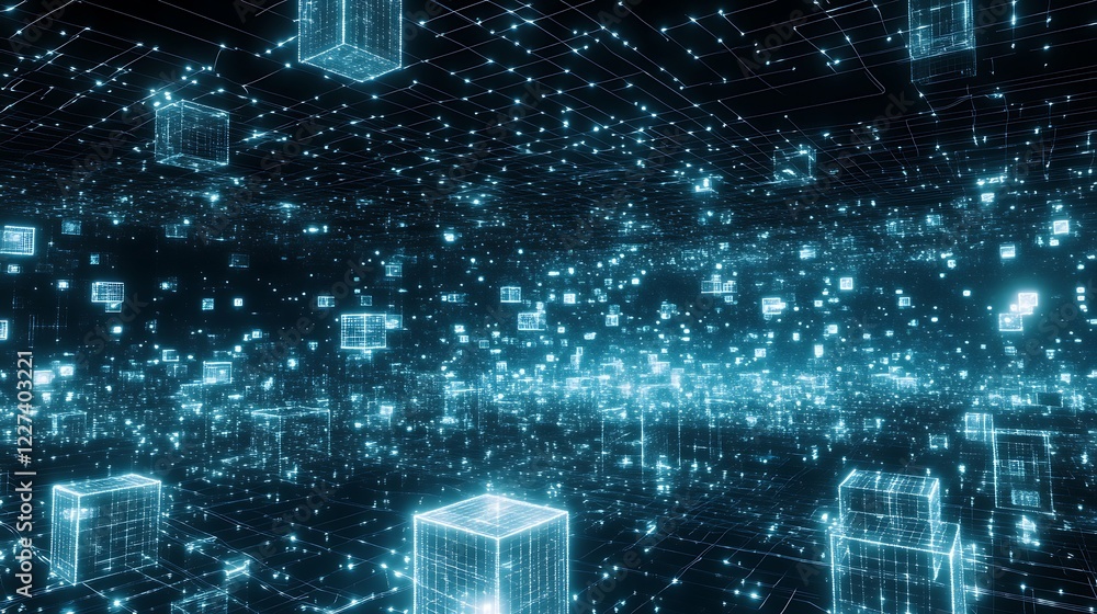 Poster Futuristic blockchain network visualization with glowing elements in a striking design.