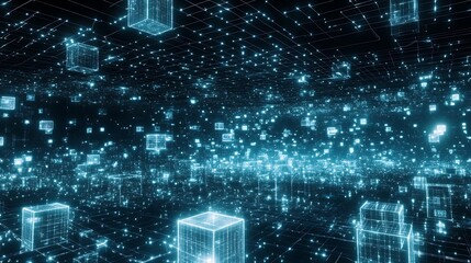 Futuristic blockchain network visualization with glowing elements in a striking design.