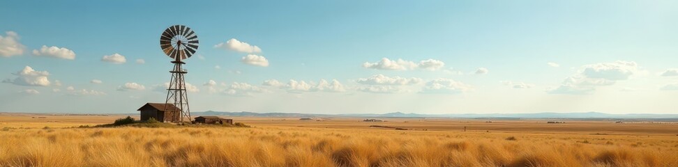 Fototapeta premium Classic windmill stands tall on a vast ranch landscape , countryside, tower, rotation