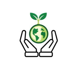 sustainable icon. earth and plant vector in hand. reuse, recycle, net zero, green energy, eco-friendly concept. Mixed design style