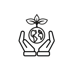 sustainable icon. earth and plant vector in hand. reuse, recycle, net zero, green energy, eco-friendly concept. Line design style