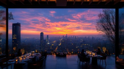 Fototapeta premium Spectacular Cityscape Sunset Dining Experience
