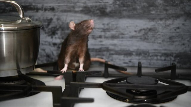 A rat runs on a gas stove in the kitchen. Unsanitary conditions in the room.