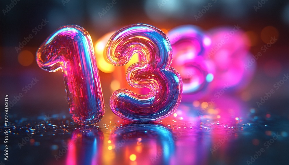 Poster glowing number 13 on reflective surface with bokeh background