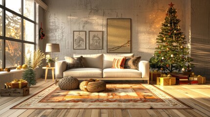 Cozy living room decorated for the holidays with a Christmas tree and festive gifts in sunlight