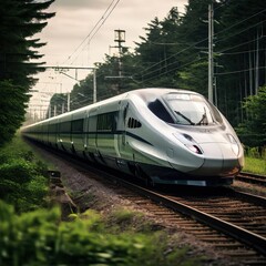 Fototapeta premium the AI Image Generator, Speed Train on Railway Tracks During Sunset