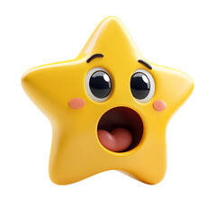 Surprised 3D Cartoon Yellow Star Emoji Character with Shocked Facial Expression on White Transparent Background