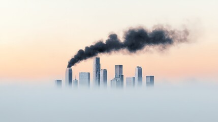 Fototapeta premium A city skyline shrouded in fog with dark smoke billowing from a building, highlighting urban pollution against a pastel sky.