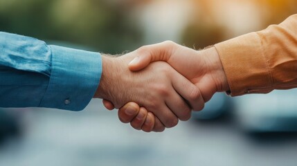 Business negotiation handshake urban setting close-up professional environment focused viewpoint partnership concept