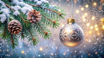 Winter festive Christmas ball on a branch with pinecones and snowflakes, holiday, decorations,  holiday, decorations, pinecones