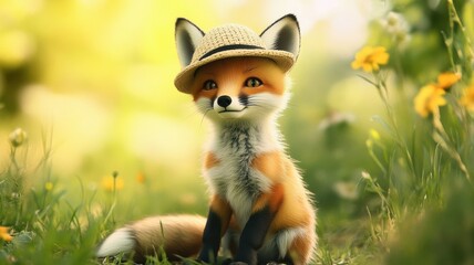 Obraz premium A charming fox wearing a straw hat sits among flowers, radiating a playful and whimsical vibe in a sunny, natural setting.