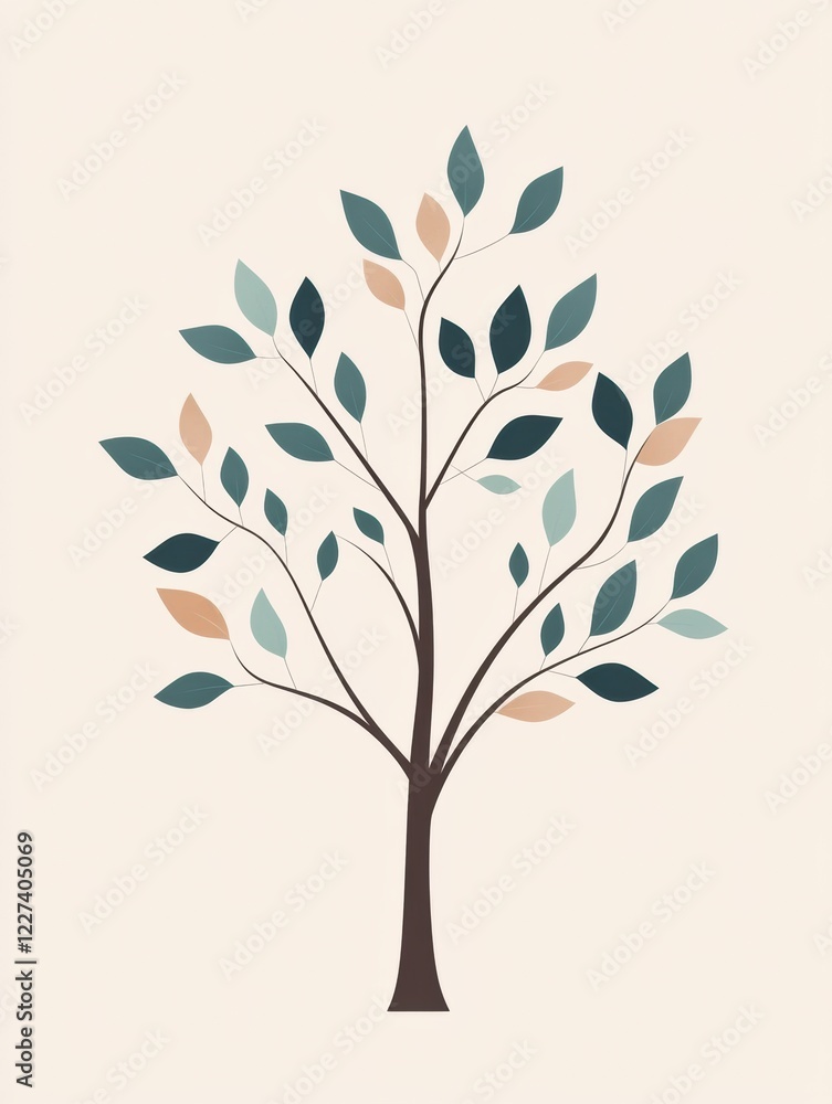 Fototapete stylized tree icon featuring branches adorned with colorful leaves in a minimalist design. generativ