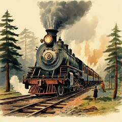 Naklejka premium the AI Image Generator, Vintage Steam Train Traveling Through
