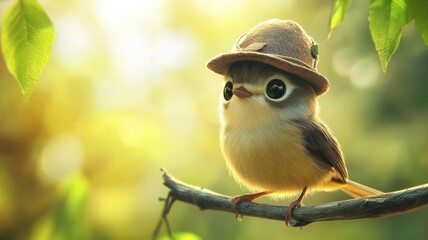 A cute bird wearing a hat perched on a branch, surrounded by soft, glowing sunlight and lush green leaves.