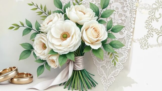 A beautiful bouquet of white roses is placed on top of a gold wedding ring. The ring is a symbol of love and commitment, and it is a perfect addition to the elegant arrangement of flowers