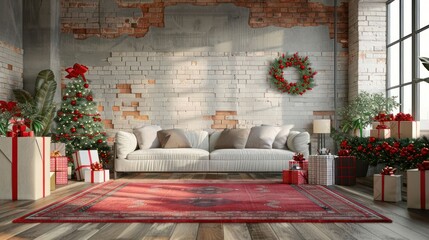 Cozy holiday living room decorated with Christmas wreaths, gifts, and festive plants