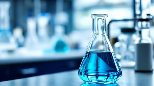 Scientific laboratory glassware with bright blue liquid chemical solution in research facility. Close-up of conical flask for chemistry experiment, analysis, and testing