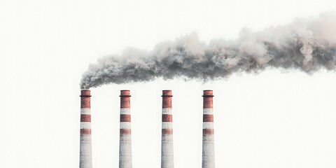 A factory with four smokestacks emitting thick smoke against a pale sky, highlighting industrial pollution and environmental concerns.