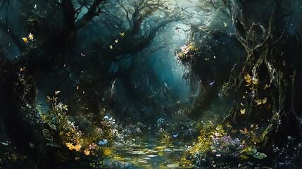 Obraz premium Ethereal Butterfly Forest Fluttering Through the Shaded Woods in the Gloomy Night