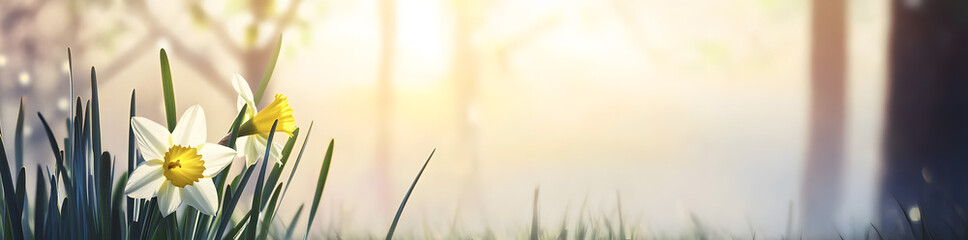 Spring daffodils in the grass on a blurred background