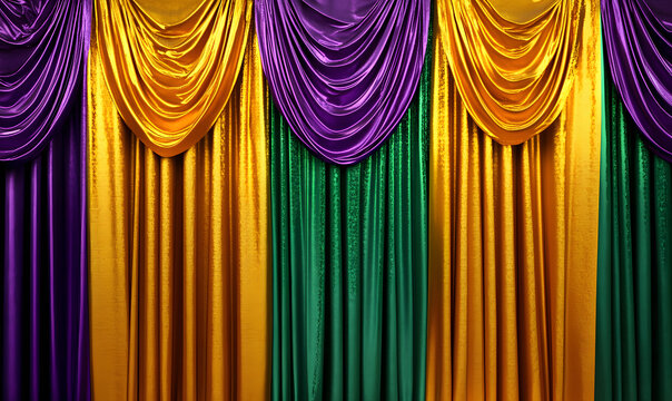 Curtain mardi gras golden yellow green purple violet orange color texture background wallpaper empty blank carnival 4 march 2025 party event festival velvet theatre entertainment holiday celebration