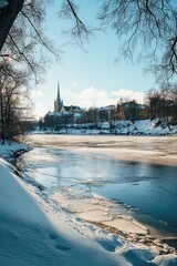 Fototapeta premium Frozen River with Church Background