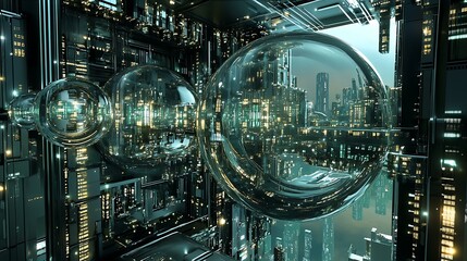 Futuristic Spheres Reflecting a Dense Urban Cityscape Within a Complex Metal Frame