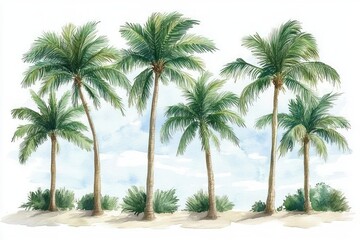 Watercolor Palm Trees Illustration Lush Green Fronds Tropical Paradise Summer Flora