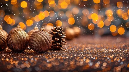 Fototapeta premium Festive scene with golden ornaments and pine cones on a glittering surface amidst soft snowfall