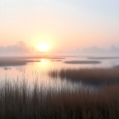 Obraz premium Misty sunrise over a tranquil marsh, ethereal fog, calm water reflections