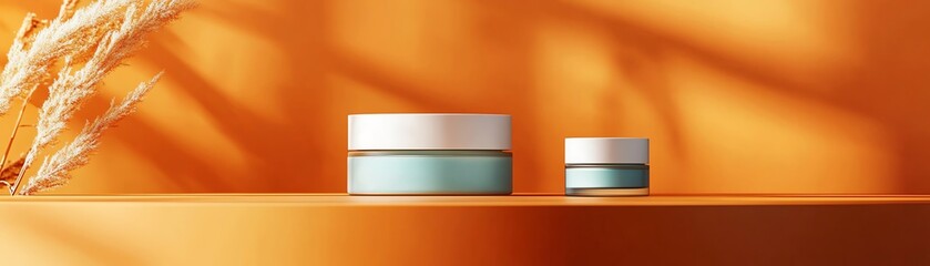 Unbranded cosmetic cream jars and tubes on vibrant orange background