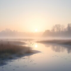 Obraz premium Misty sunrise over a tranquil marsh, ethereal fog, calm water reflections