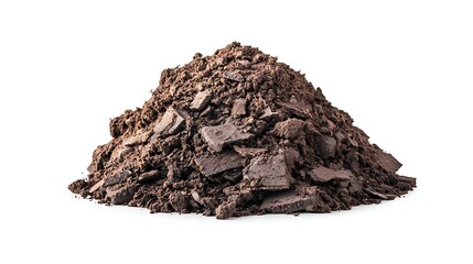 A mound of rich, dark chocolate shavings, perfect for baking or as a dessert topping, showcasing a delicious texture and color.