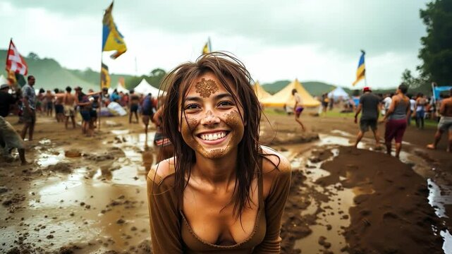 A woman with mud on her face at a music festival