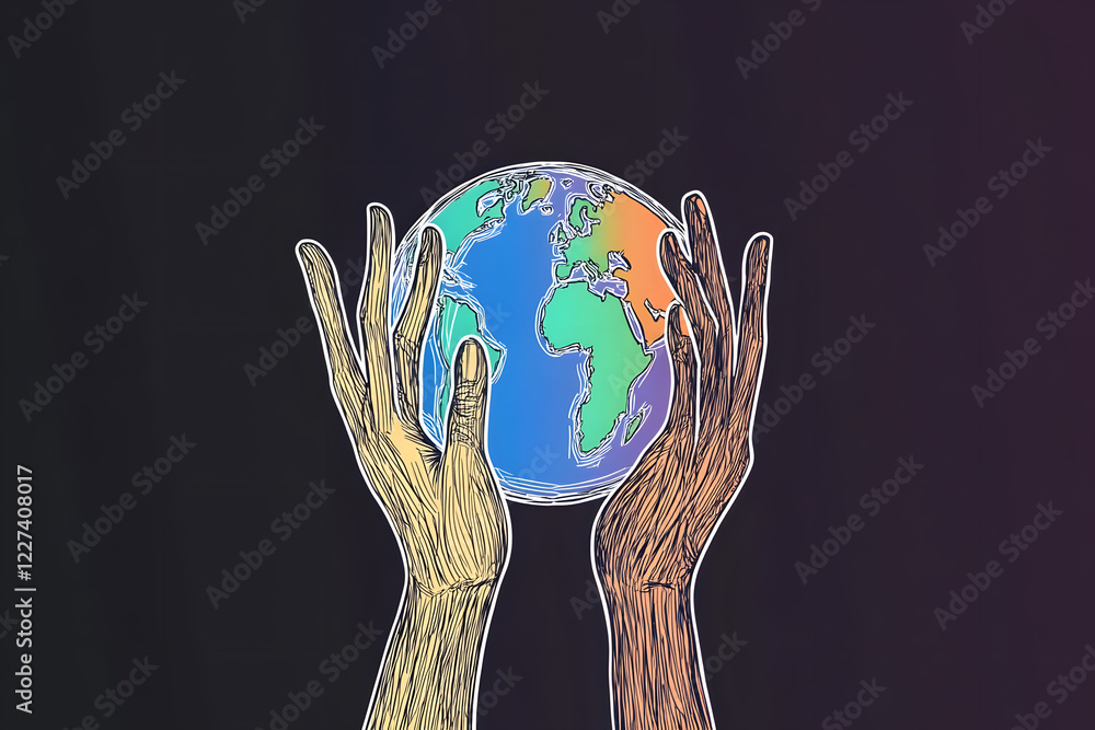 Poster continuous one line drawing hands reaching up from a half-globe. advocating for global issues and pr