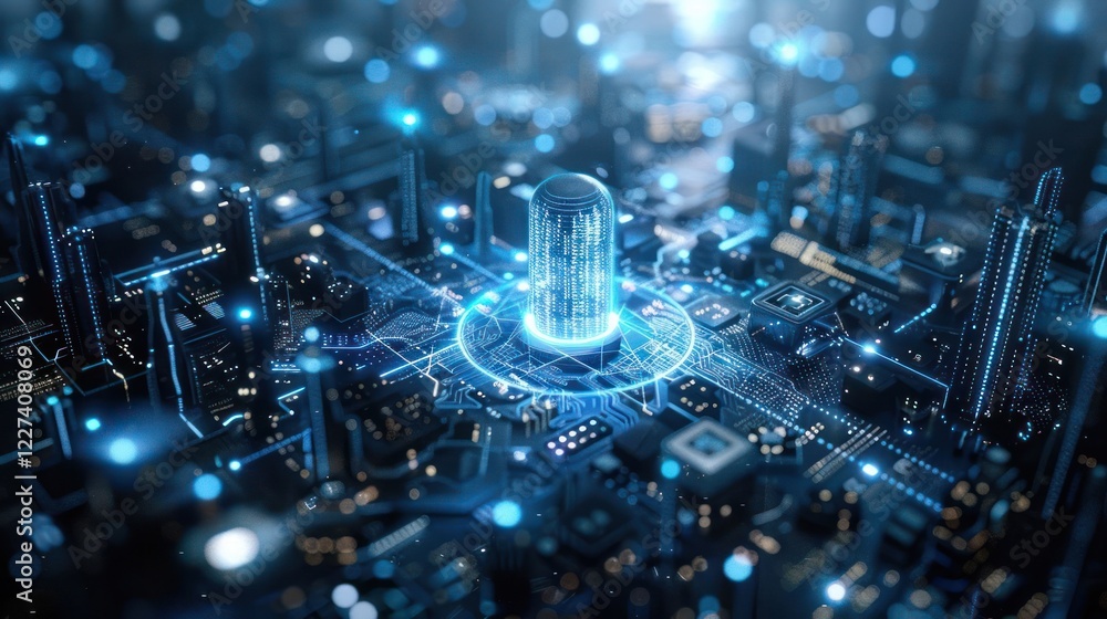 Aufkleber futuristic cityscape with glowing digital structures and advanced technology in a vibrant setting