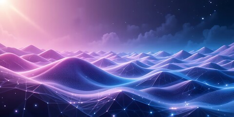 Abstract Digital Landscape with Glowing Hills and Network