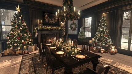 Obraz premium Festively decorated dining room with Christmas trees, candles, and a cozy fireplace setting