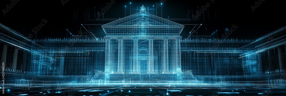 Poster digital government blueprint projection of a government building with glowing network grid.
