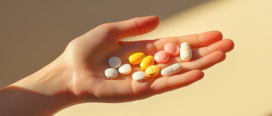 Hand holding various colorful pills and capsules, symbolizing health and wellness, brightly lit with soft background for emphasis.
