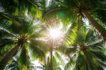 Fototapeta premium Tropical sun shines through palm trees, bright sky, vacation background