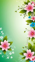 Fototapeta premium Elegant floral border featuring pink and blue flowers on a soft green background