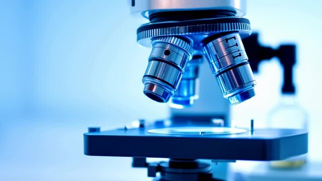 Professional laboratory microscope in blue tones. Scientific research equipment for medical analysis, biology studies and healthcare innovations. Close-up view