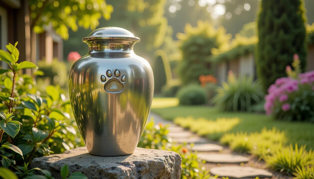 Silver pet cremation urn with paw print on stone in tranquil garden