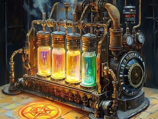 Mystical Machine Churns Potions With Vibrant Colors Inside Intricate Pipes on Tabletop