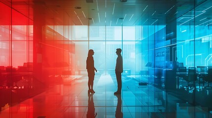 Opposing Silhouettes Interact in Abstract, Divided Space, Reflected on Glossy Floor